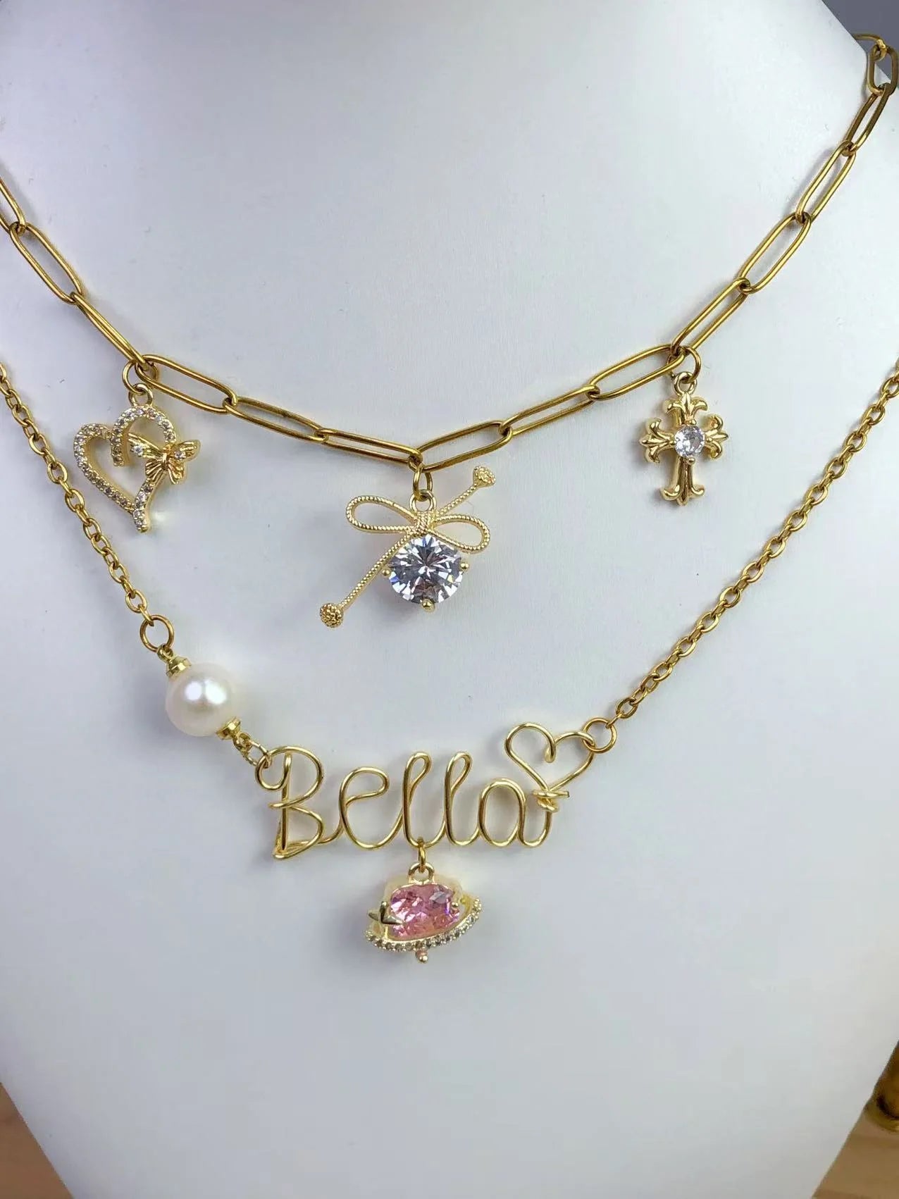 【double necklace】one name nevklace and one charm necklace into one